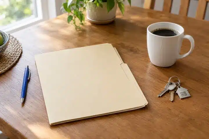 Manila folder, pen and house keys on a kitchen table