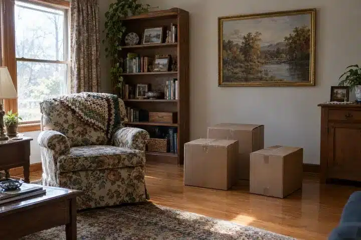 Living room of an inherited house with an armchair and moving boxes