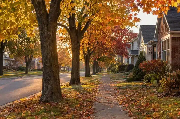 Tree-lined residential street with fall leaves